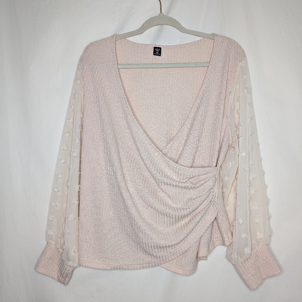 Shein Curve Women's Pink Rose Waffle Knit Wrap Top Blouse Size 1XL